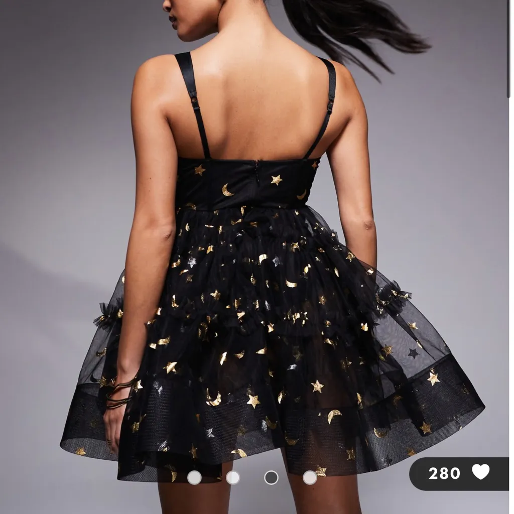 Lace & Beads Petite babydoll mini dress in black mystical print - Image 3