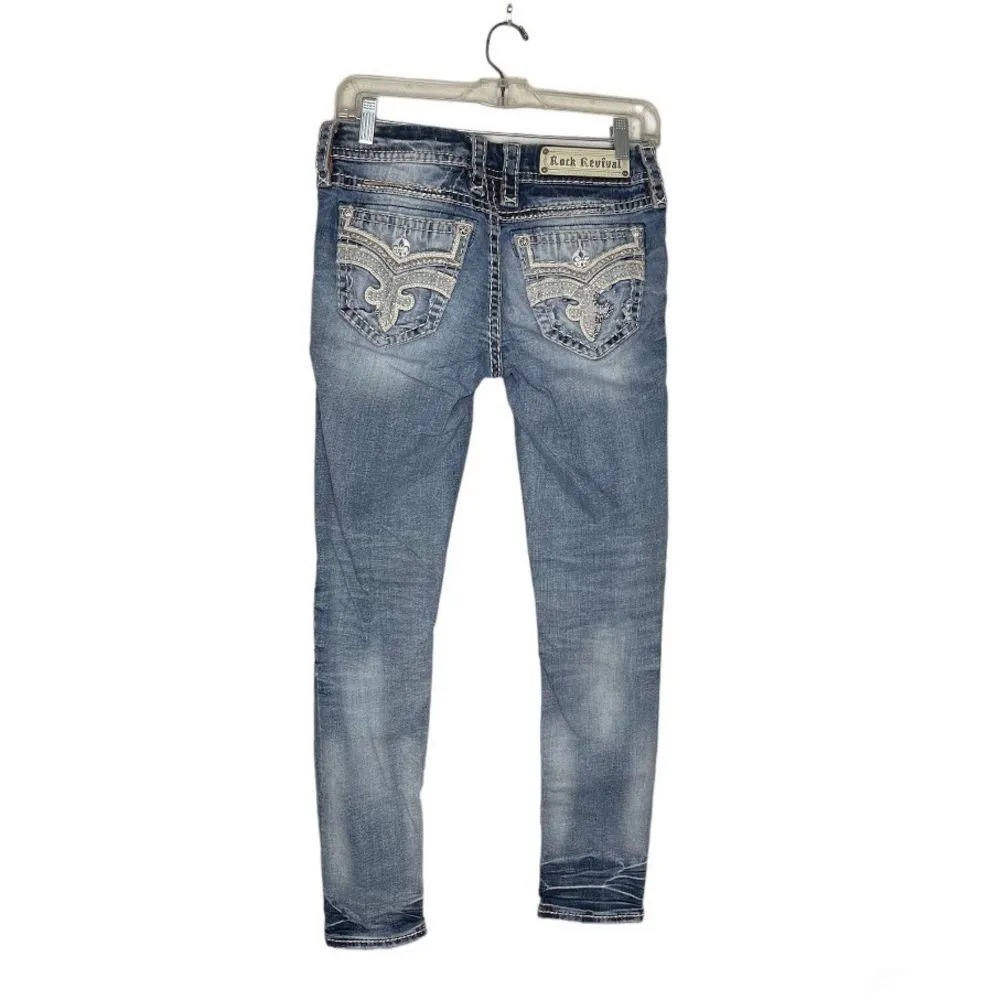 ROCK REVIVAL Jeans Sakai Ankle Skinny Rhinestones Stitching Distressed Size 27 - Image 6