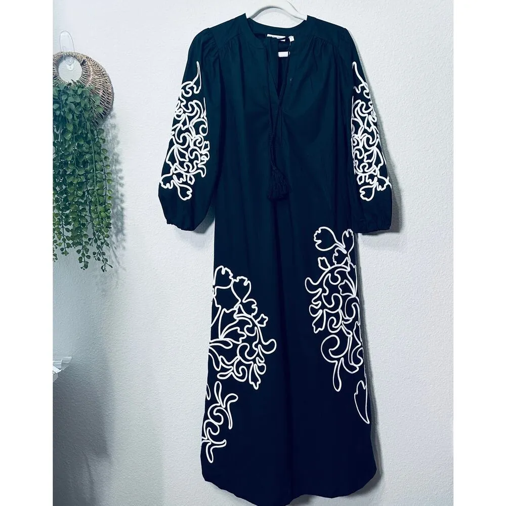 NEW Chico's Poplin Soutache Embroidered Maxi Dress Black Maxi Sz 4 Belt Pockets - Image 4