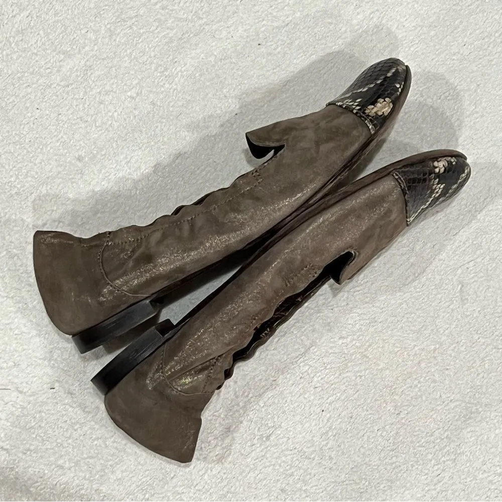 AGL Shimmer Taupe Leather Ballet Flats with Snake Print Cap 39 Brown Size 8 - Image 6