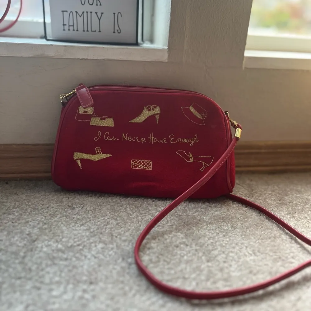 Women’s Small Cherry Red “I Can Never Have Enough” Embroidered Shoulder Bag - Image 8