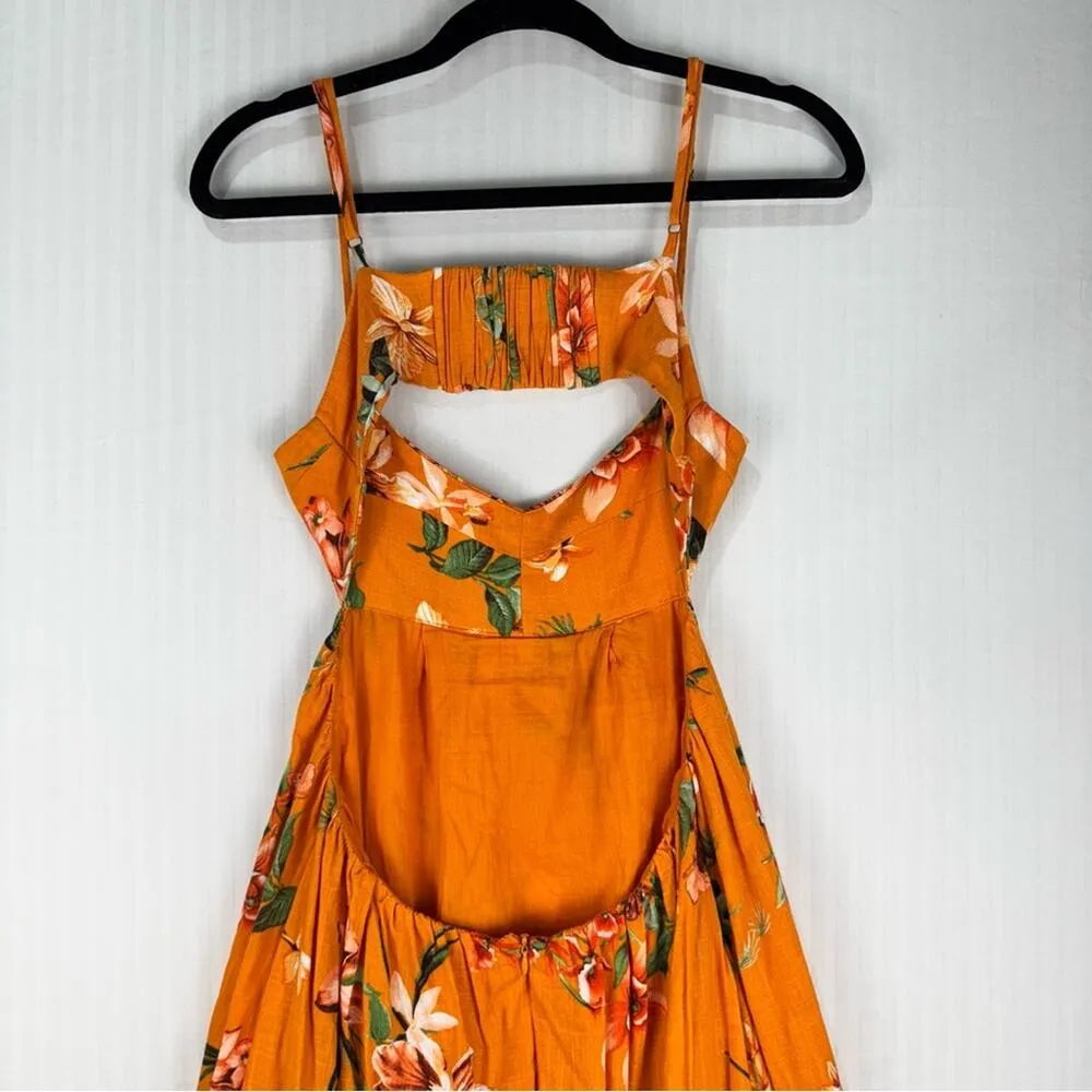 OPT Anthropologie One Pretty Time Orange Floral Open Back Linen Midi Dress Small - Image 8