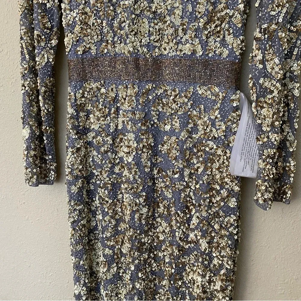 Mac Duggal Beaded Waist Long Sleeve Beaded Illusion Gown in Platinum/Gold Size 6 - Image 8