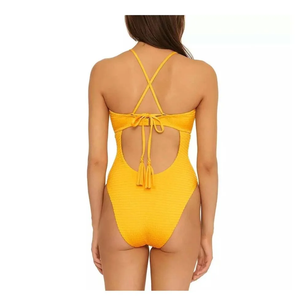 Isabella Rose Maza Textured Multi Way One Piece Mango Swimsuit Size Medium Yellow - Image 2