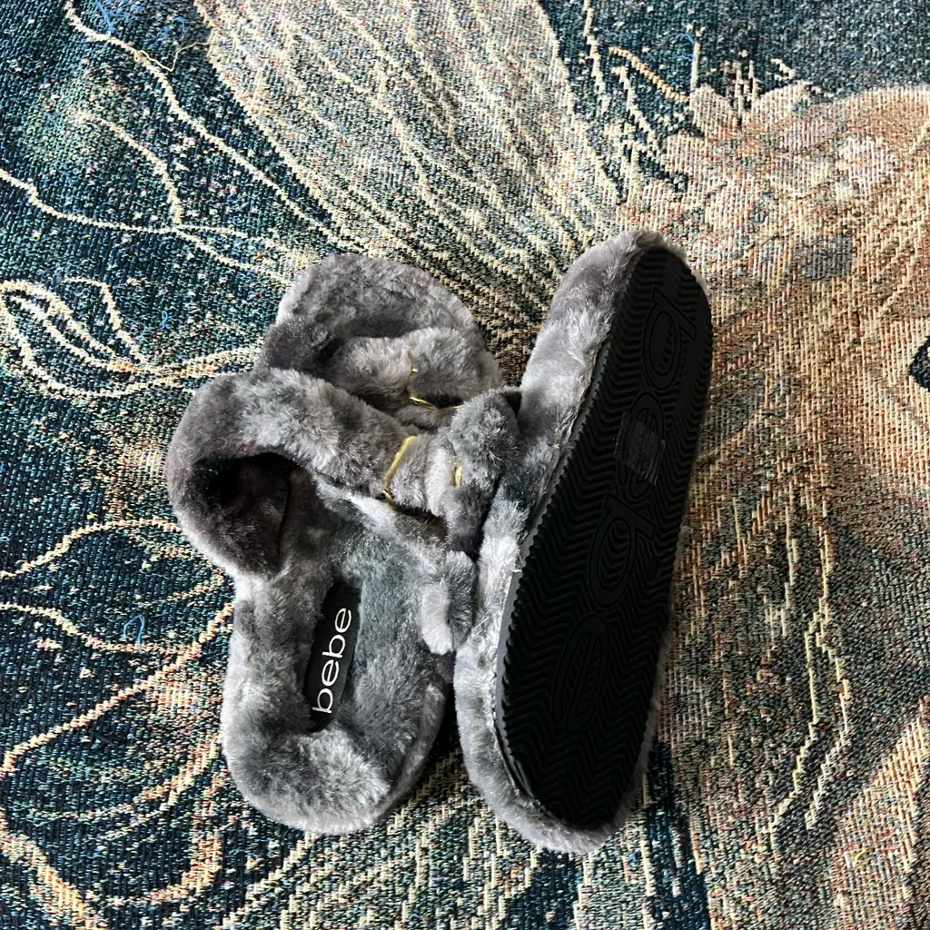 Bebe Plush Gray and Gold Faux Fur Slippers Slides SZ 7 Soft Sandals Rhinestone - Image 12