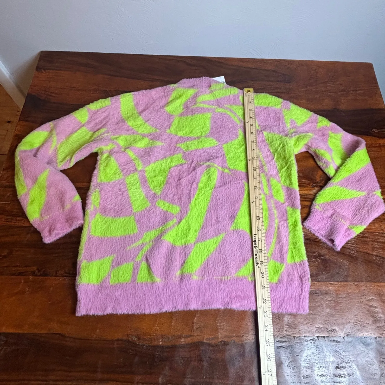 FOREVER 21 Fuzzy Pink Neon Green Abstract Print Mock Neck Sweater Top L - Image 6