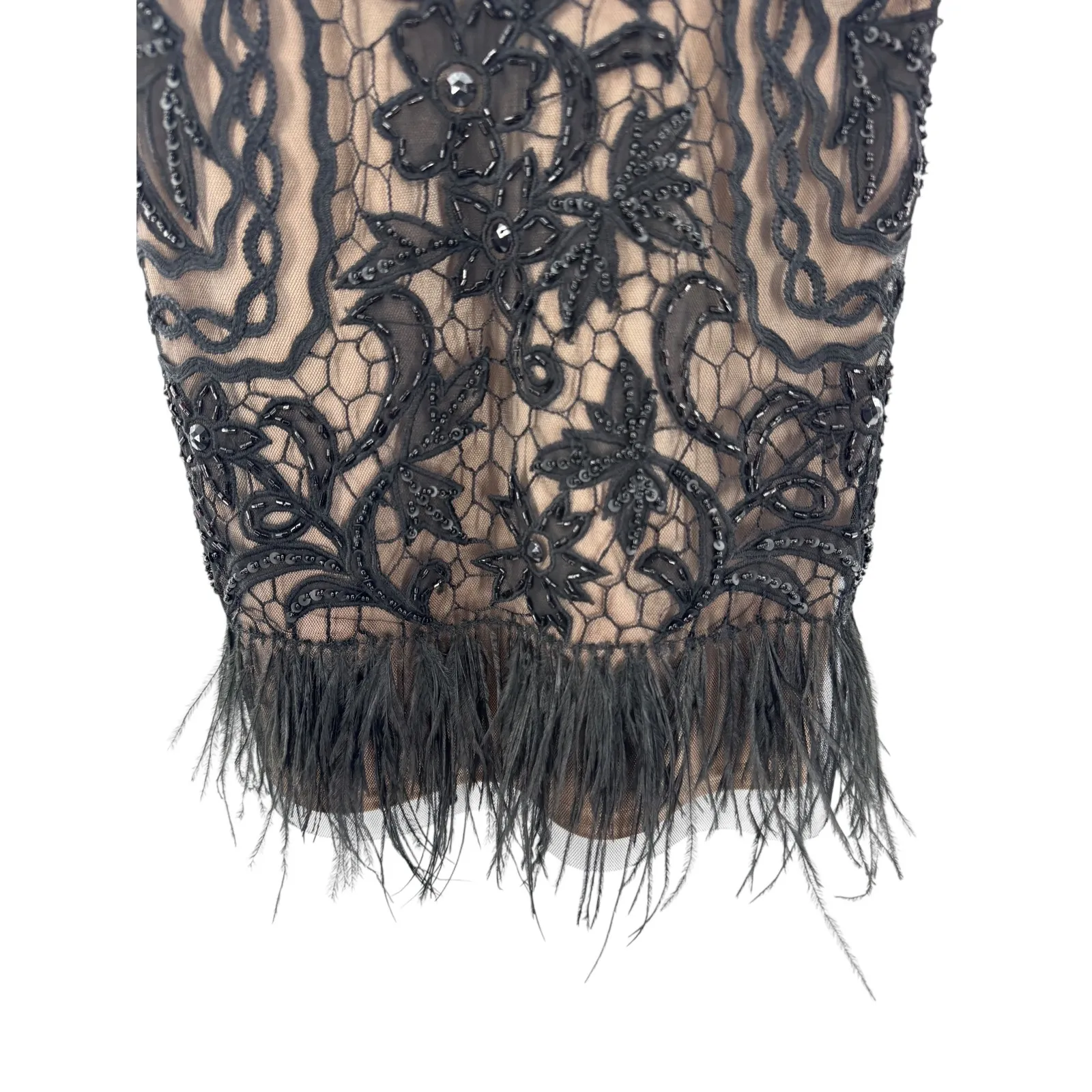 Sue Wong Nocturne Beaded Mesh Feather Hem Cocktail‎ Dress Black Nude Flapper 0 - Image 4