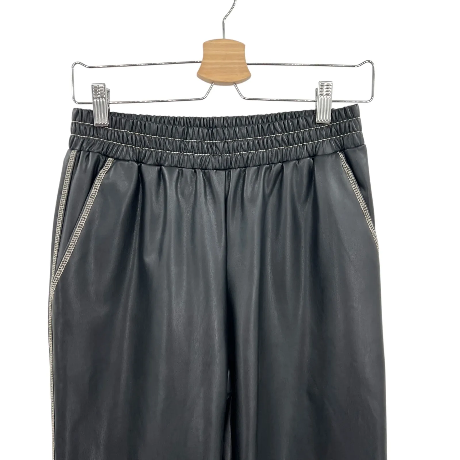 Lna Faux-Leather Pants Contrast-Seam High Rise Pull-On Black Size Small - Image 4