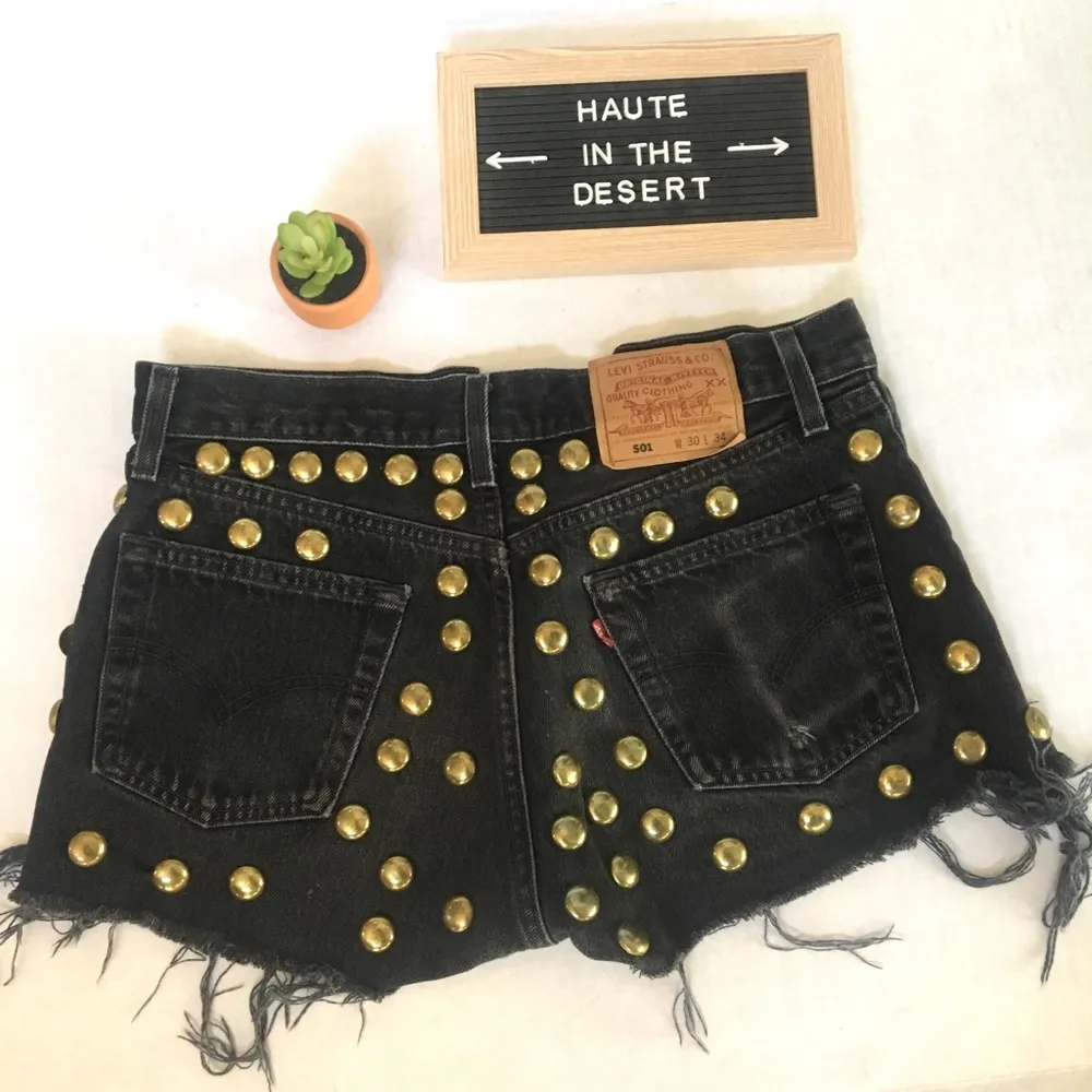 Customized vintage Levi's 501 studded cutoff black jean denim shredded shorts - Image 3
