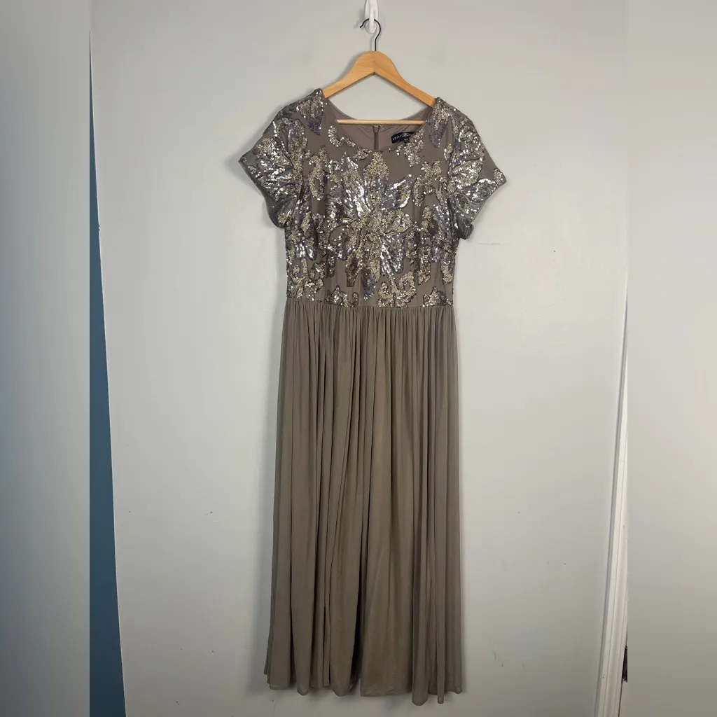 BETSY AND ADAM A-Line Dress with Floral Sequin Bodice in taupe size 14W - Image 2