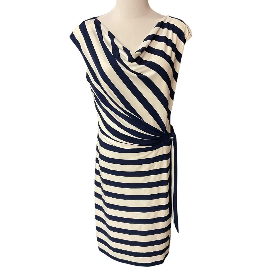 Lauren Ralph Lauren Lined Tie Waist Navy White Striped Chic Midi Dress Size 12 Blue - Image 2