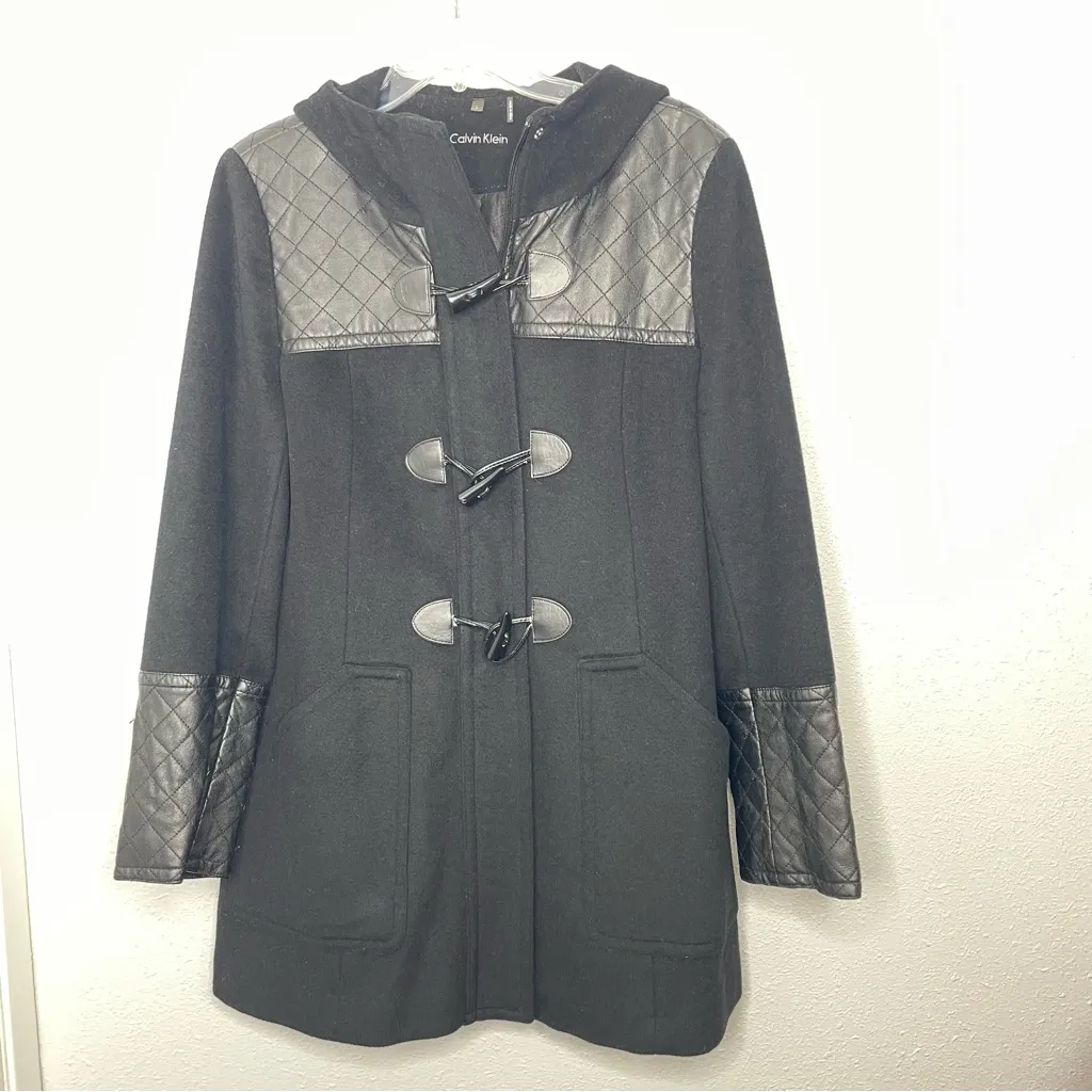 Calvin Klein Black Wool Blend Trench Coat with Leather Trim Accents size L - Image 2