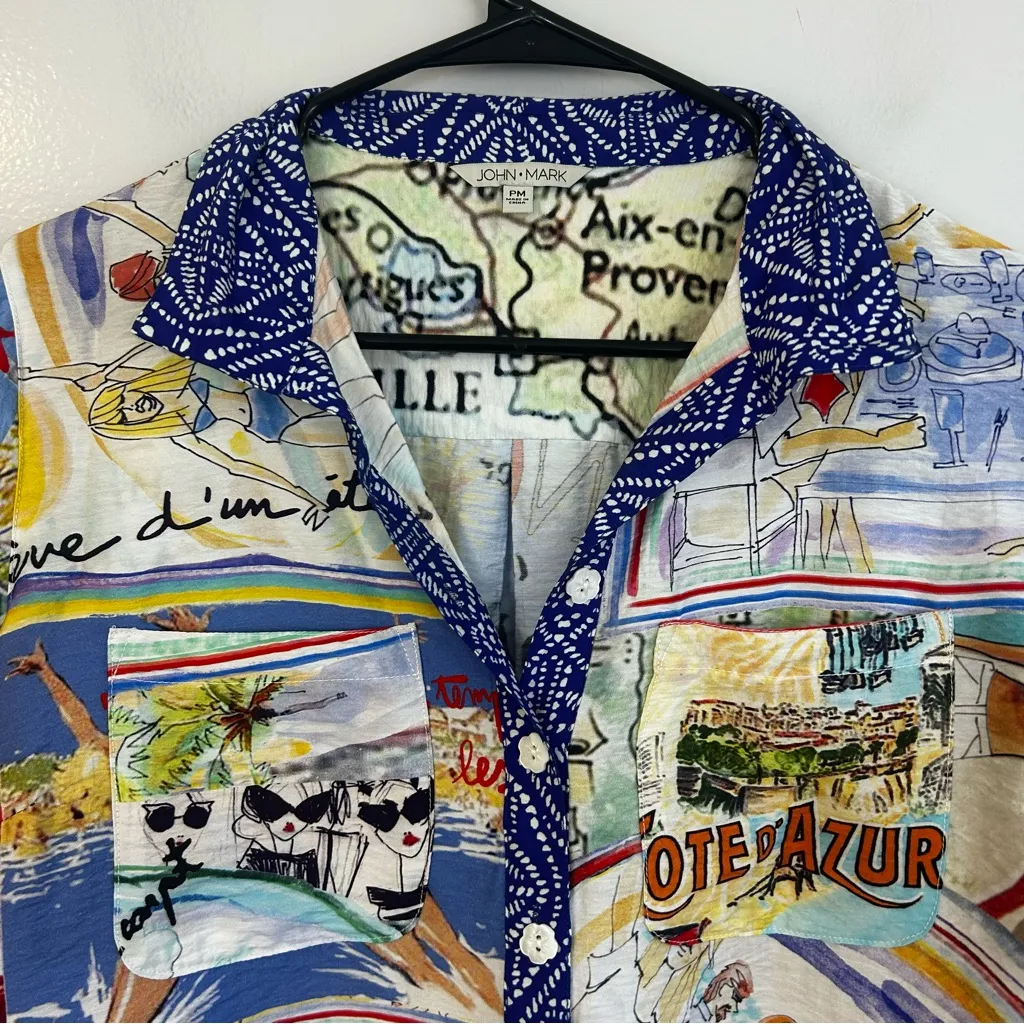 John Mark Oversized Travel Map French Rivera Paradiso Button Down Shirt Size PM - Image 2