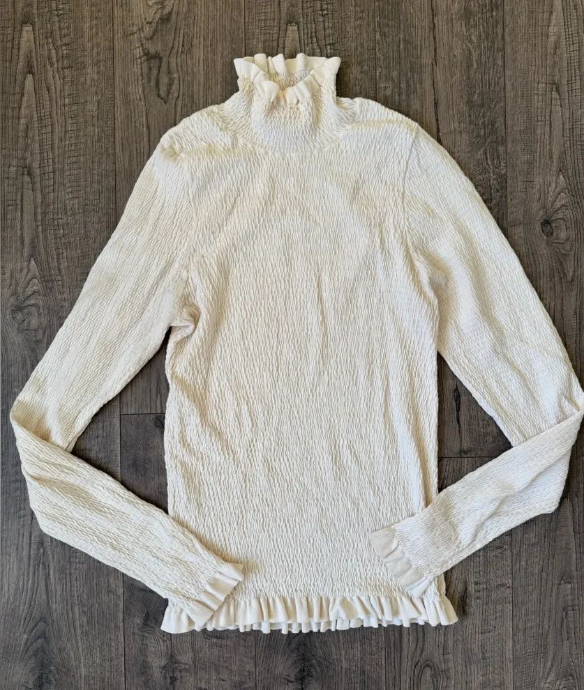 Rachel Parcell Beige Pearl Shirred Mock Neck Top- Size Large - Image 1