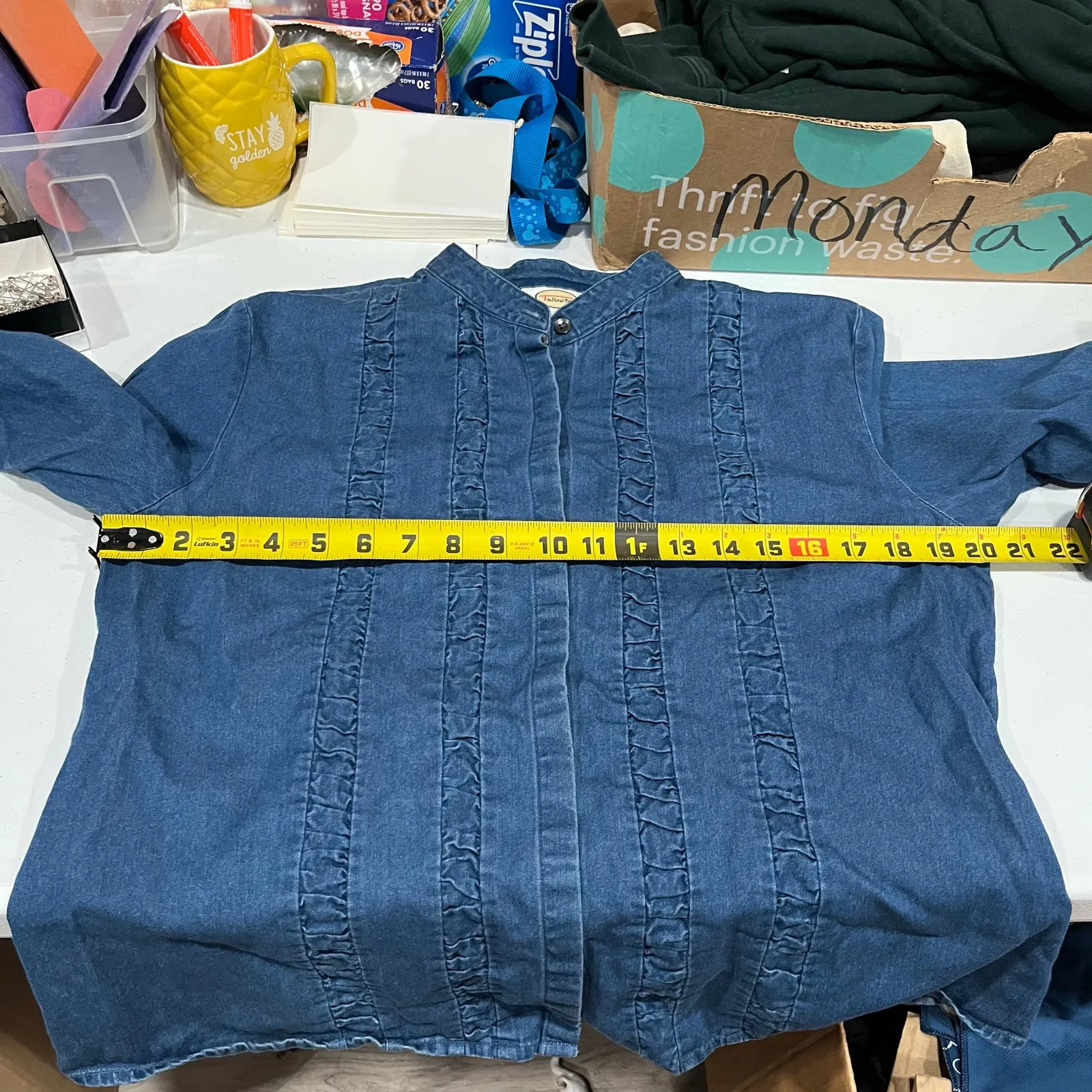 Vintage Talbots Denim Ruffle Western Cowgirl Button Up Shirt Rodeo Medium Cotton - Image 6