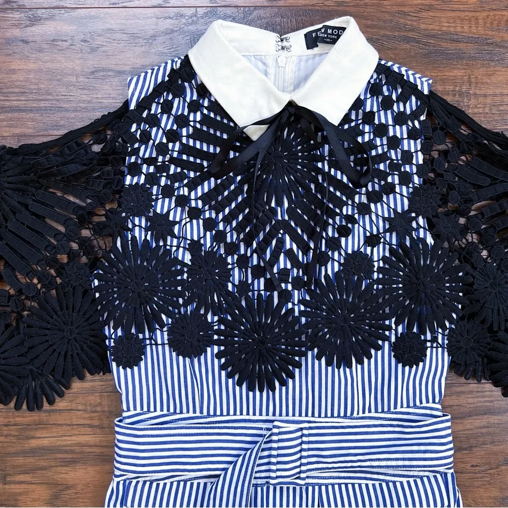 FEW MODA • Shirting Lace Cape Mini Dress blue white striped black open shoulder - Image 4