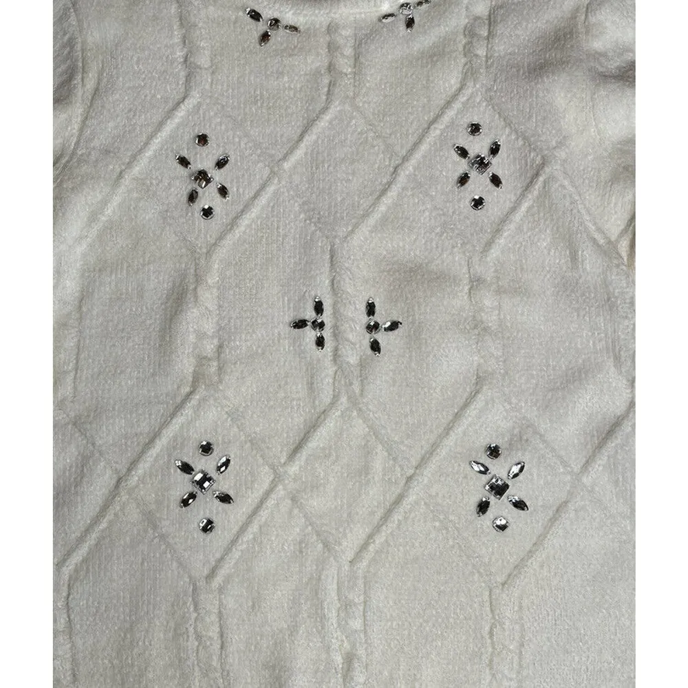 Womens ALFRED DUNNER Ivory Chenille Rhinestone Embellished Mock Neck Sweater PM - Image 5