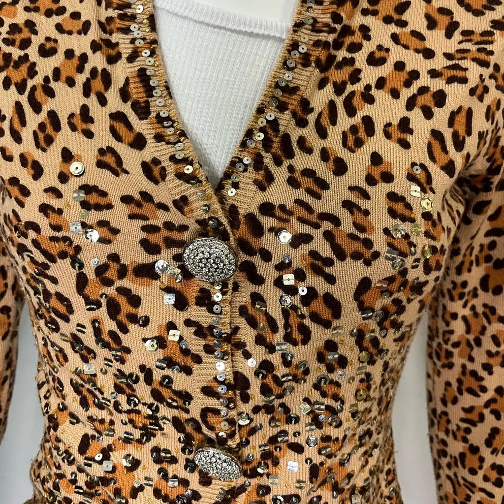 Boston Proper Leopard Print Sequin Cardigan. Sparkle glam style. - Image 2