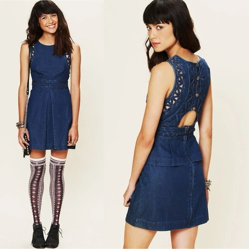 Vintage Y2K Free People New Romantics Lattice Denim Mini Dress Size 2 - Image 11