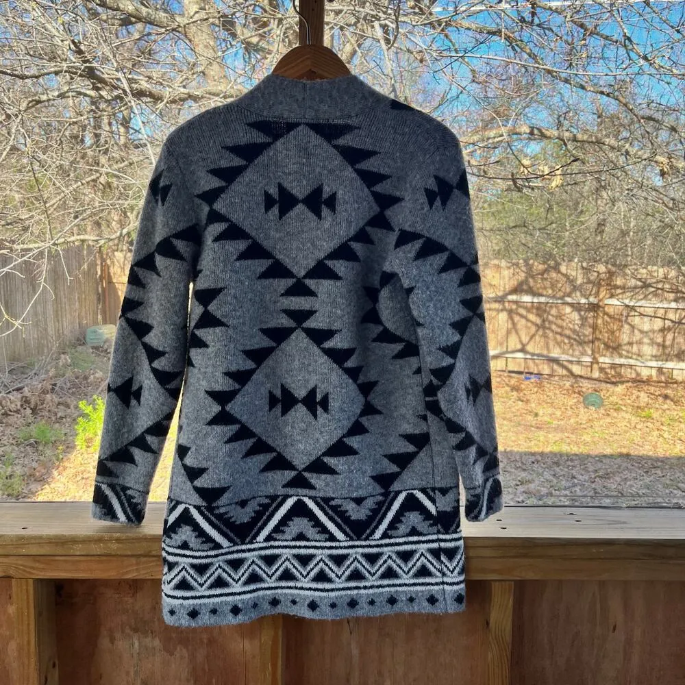 FRYE Women's Grey And Black Southwestern Print Open Cardigan Sweater Size M - Image 2