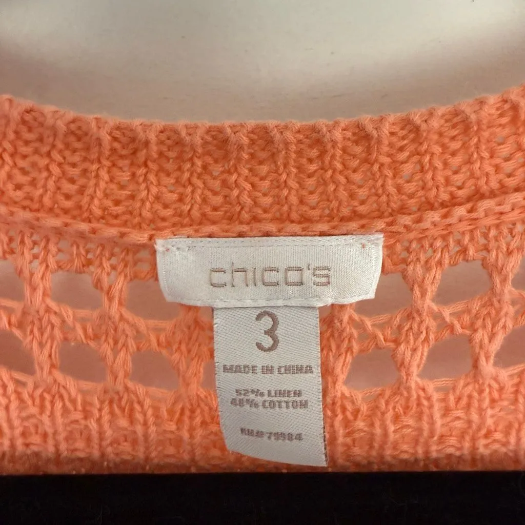 Chico’s Women’s 3 Orange Coral Open Knit Sweater Pullover Hooded - Image 2