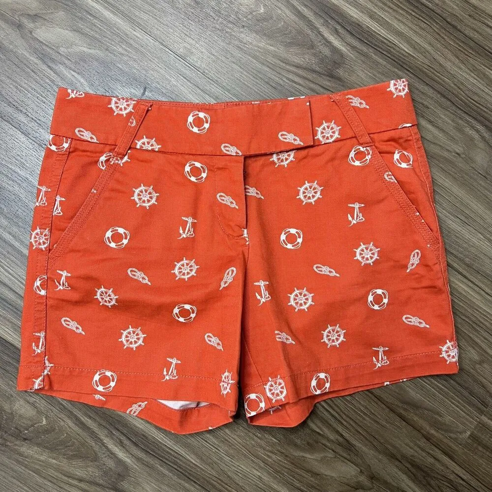 J. Crew Factory Sz 2 Shorts Chino Broken In Orange Nautical Anchor Print Women’s - Image 2