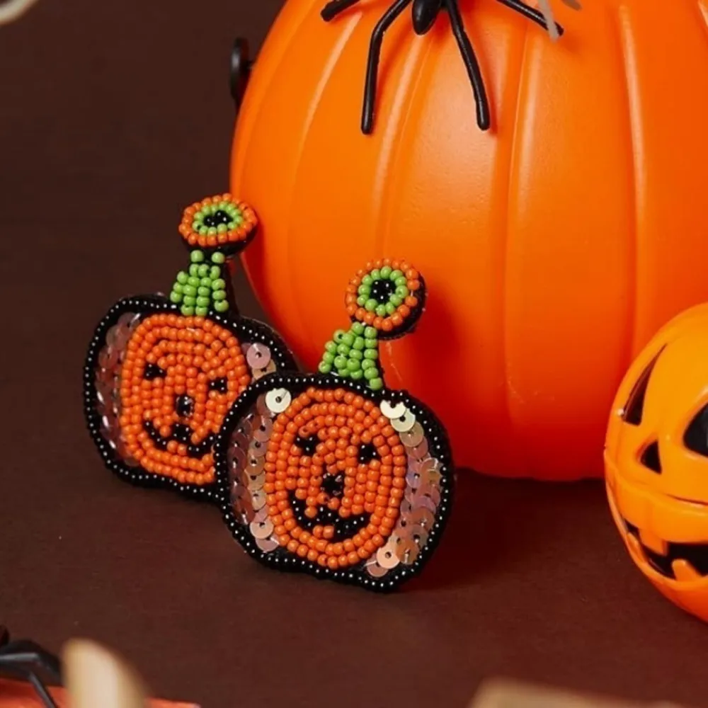 Halloween Jack O Lantern Pumpkin Sequin Beaded Statement Earrings Orange - Image 2