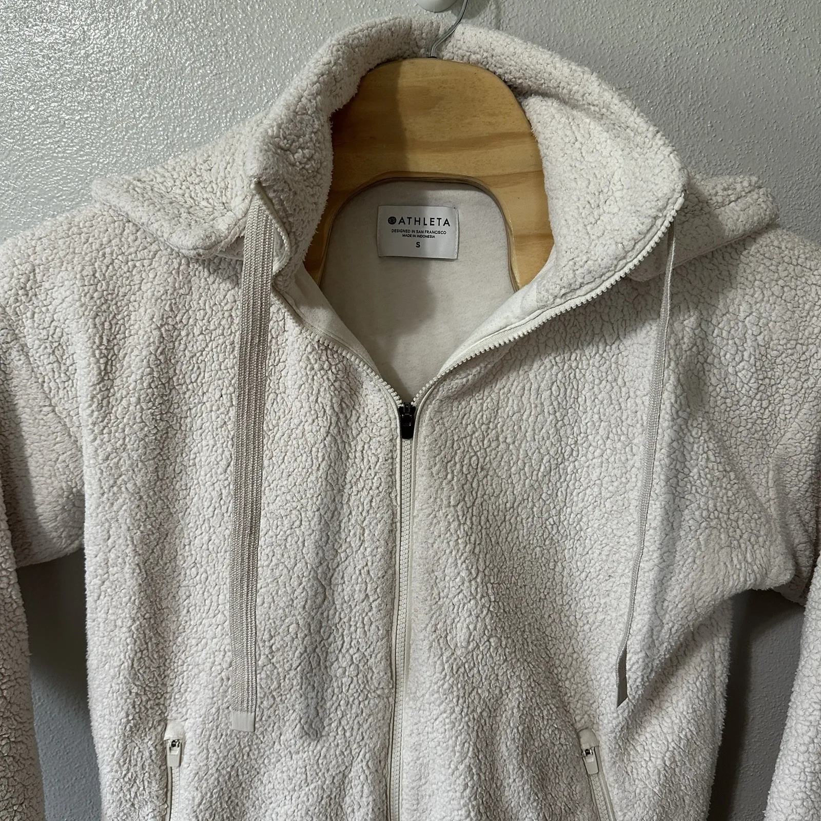 Athleta Tugga Long Sherpa Ivory Zip Jacket Women's Size‎ Small Removable Hood - Image 2