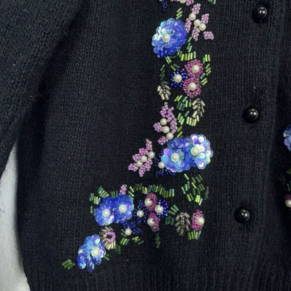 Vintage Silk Angora Rabbit Cardigan Sweater Small Black Floral Beaded Sequins - Image 6