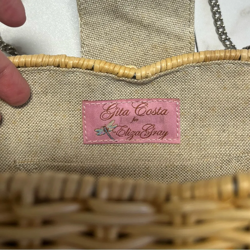 Gita Costa For Eliza Gray Wicker Shoulder Bag with DragonFly Crystal Tan - Image 6