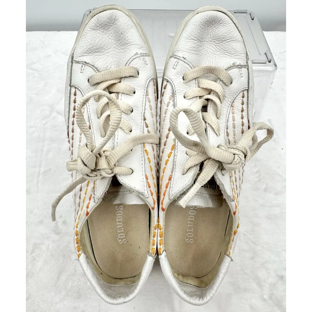 Soludos Ibiza Platform Sneakers Retro Rainbow Weave Ivory Leather Comfort Shoes - Image 6