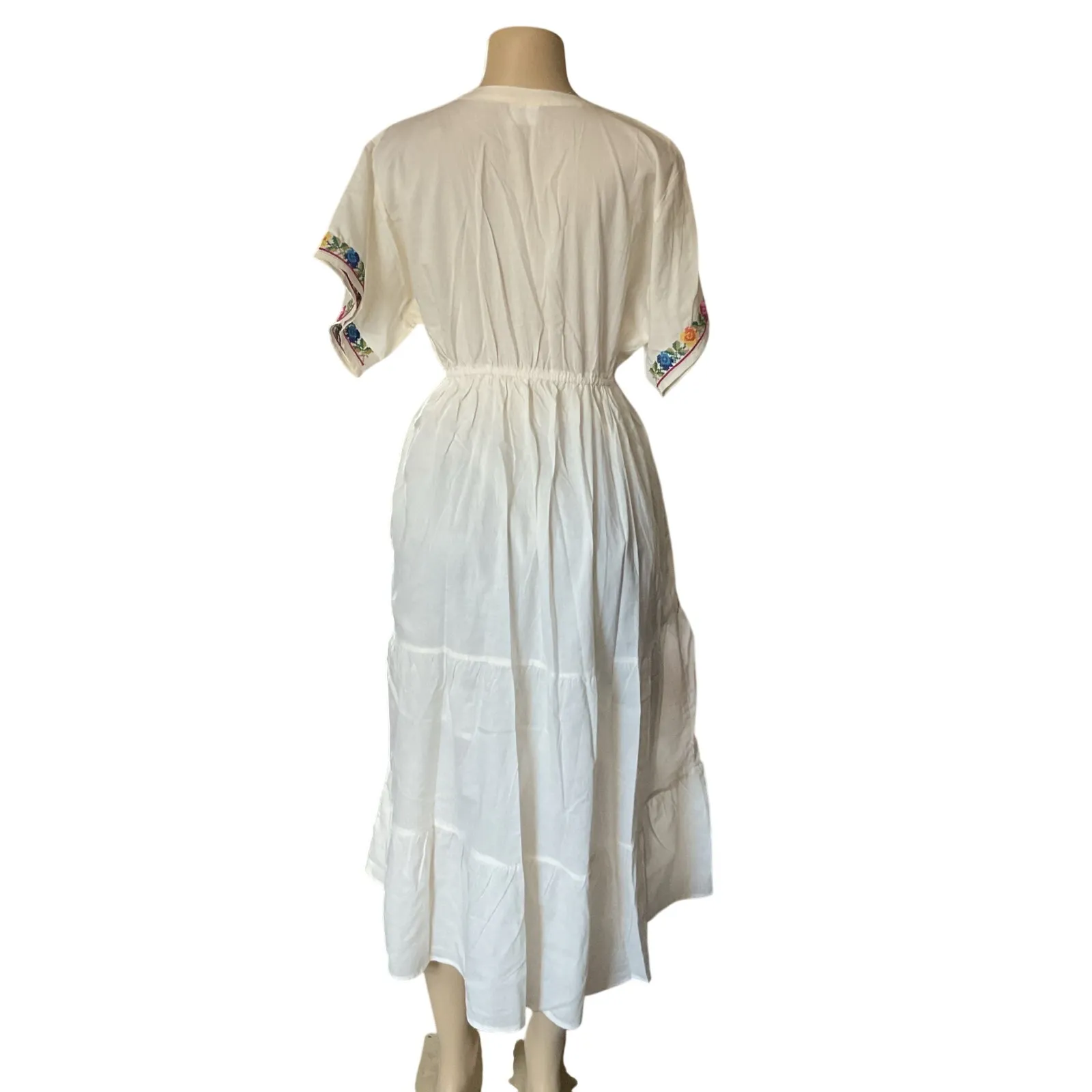 Mexican Embroidered Floral Dress White Cotton Size XL Artesanal Boho Chic Fiesta - Image 2