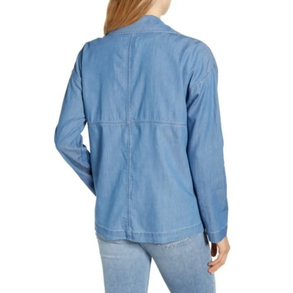 Caslon Chambray Blue Denim Open Front Utility Drape Collar Jacket - Image 4