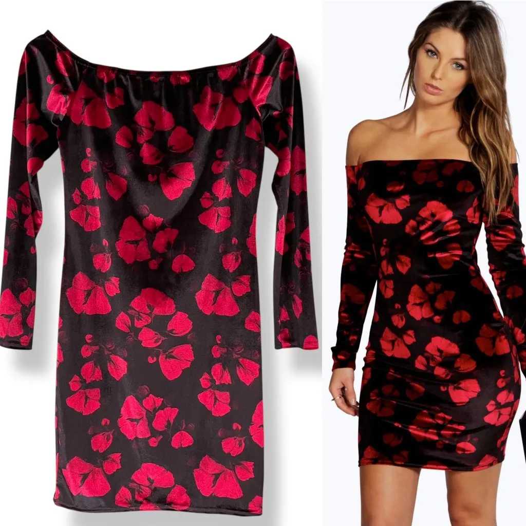 BooHoo Dress Floral Velvet Off the Shoulder Bodycon Black Red Long Sleeve Size 8 - Image 3