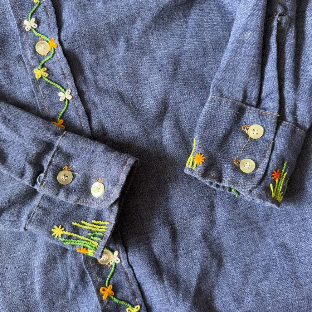 1970s Levis Orange Tag Embroidered Denim Button Down Shirt - Image 2