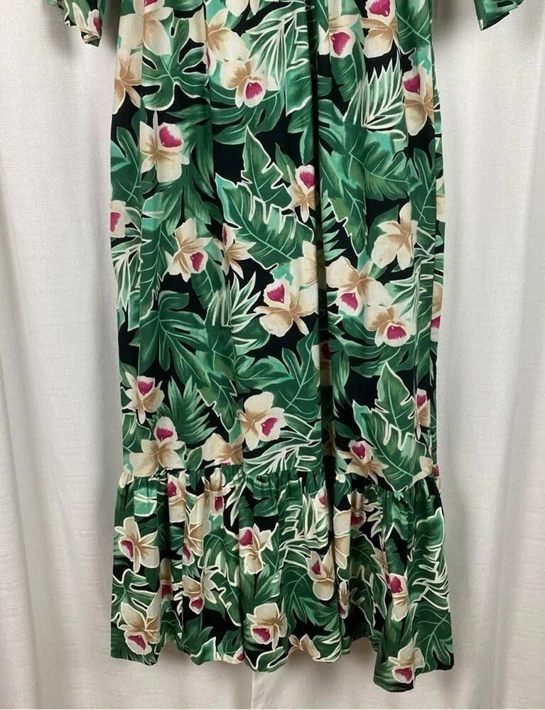 Hilo Hattie Vintage Green Tropical Print Ruffle Maxi Dress Sz.M Size M - Image 9