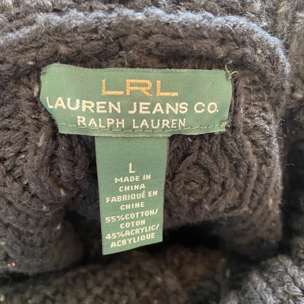 Ralph Lauren Black Chunky Knit Shawl Turtleneck Sweater Size Large - Image 10