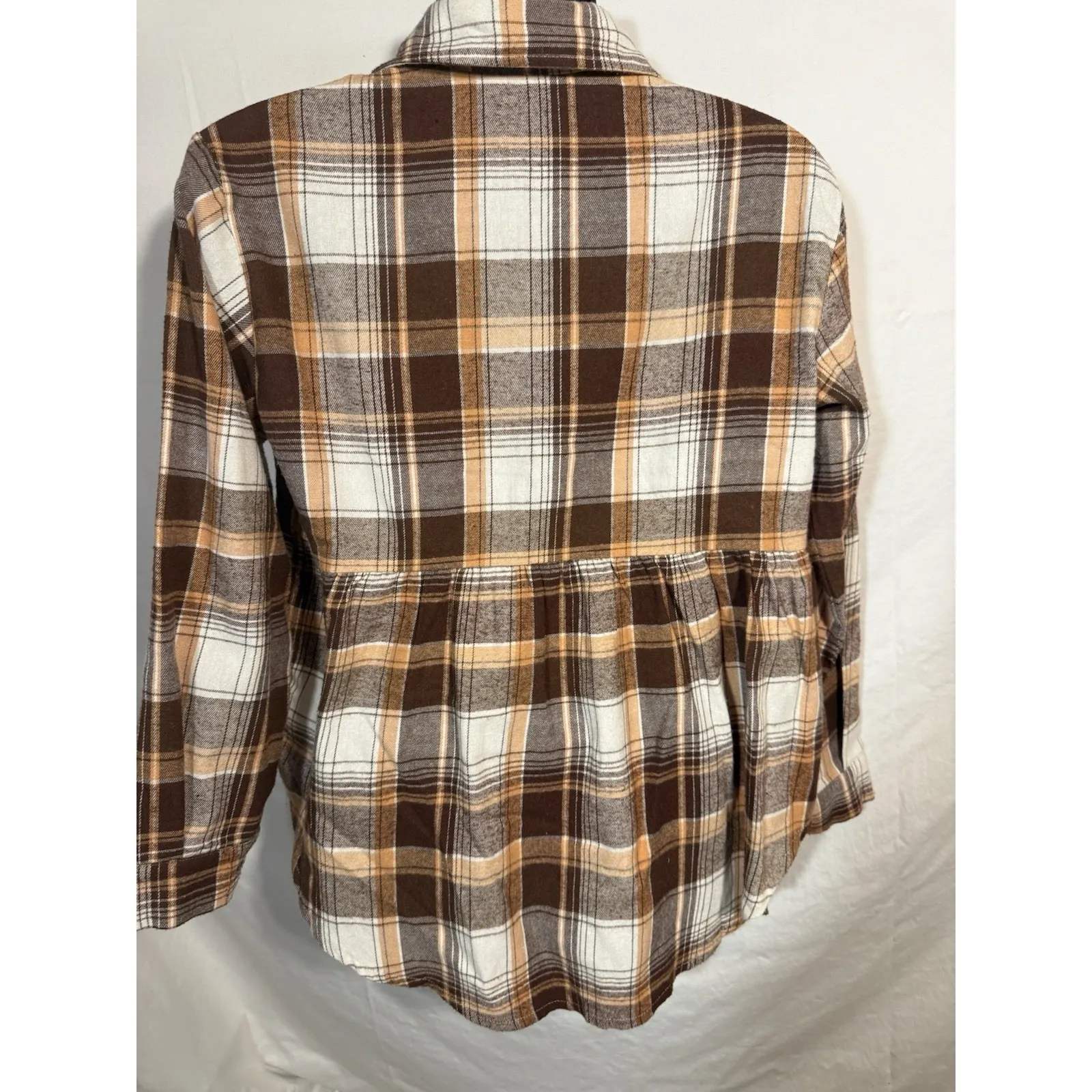 Miss Sparkle Size Medium Gathered Plaid Pocket Top‎ Peplum Button Up Brown - Image 4