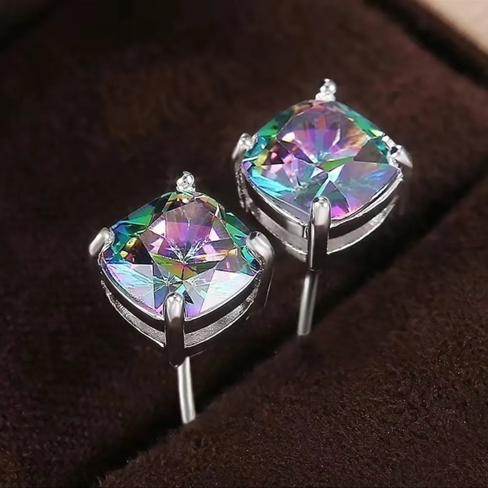 925 Silver Plated Mystic Topaz stud Earrings Green - Image 2