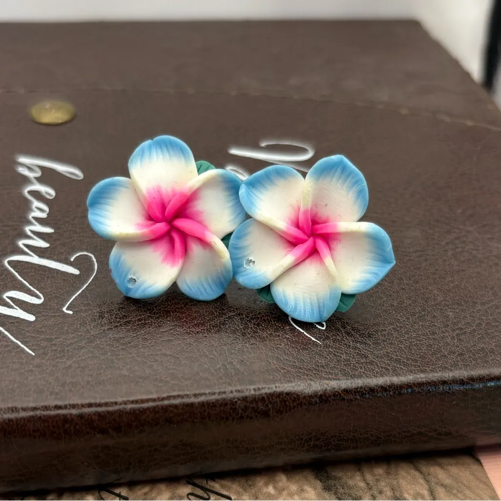 Handmade Vintage Y2K Polymer Clay Plumeria Flower Earrings - Image 3