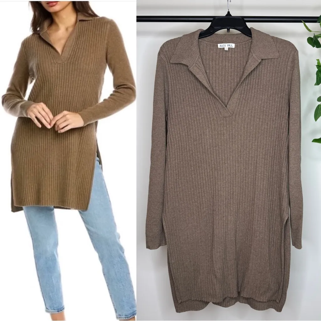 Alex Mill Loretta Merino Wool Blend Ribbed Tunic Longline Sweater size L Large Brown - Image 2