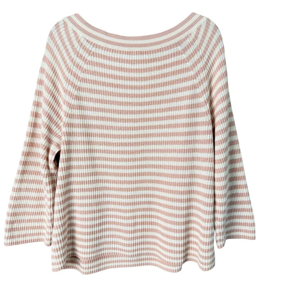 J.Crew Boatneck Relaxed Cotton Sweater Pink White Stripes 3/4 Sleeves, Size XL‎ - Image 9