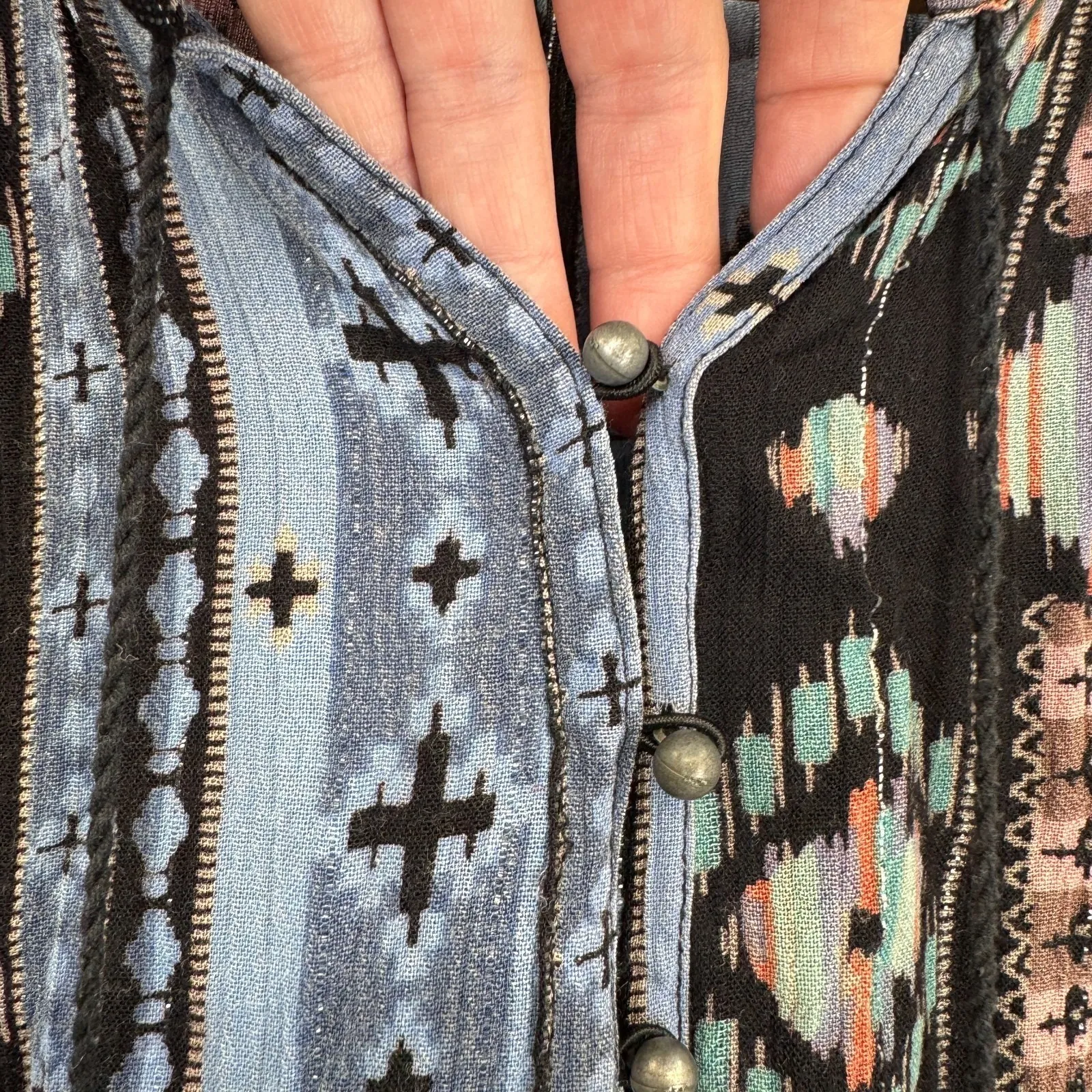 Holding Horses Anthropologie Dress Womens Large Blue Southwestern Aztec Print - Image 4