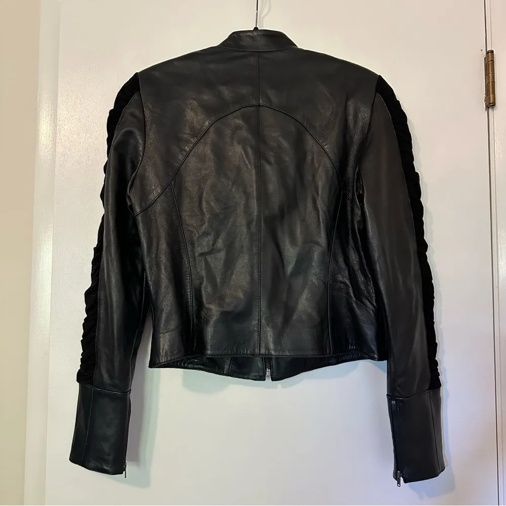 Cache Goat Suede Leather Ruched Sleeve Zip Jacket - Image 3
