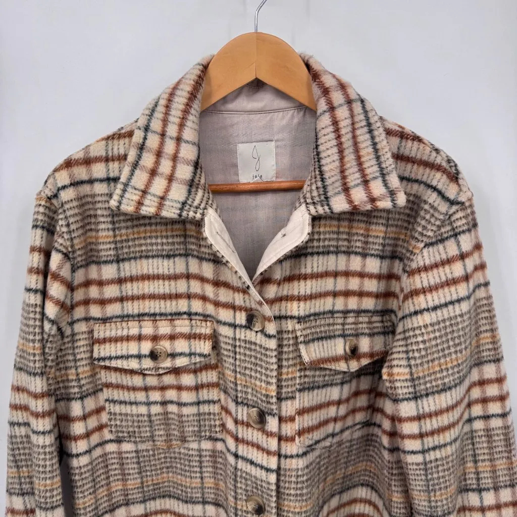 Joie Shacket Womens Small Cream Brown Black Plaid Polyester Wool‎ Blend Pockets - Image 2