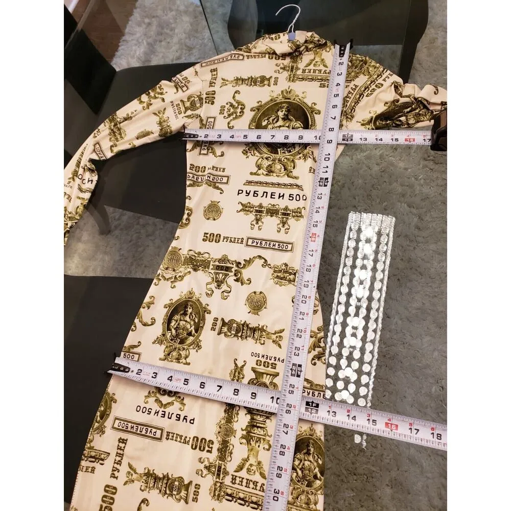 Women's White Green Graphic Print Cut Out Mock Neck Long Sleeve Maxi Dress Small - Image 8