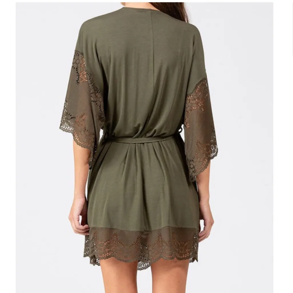 Eberjey Beatrix Full Lace Avocado Green Robe- Size Small - Image 2