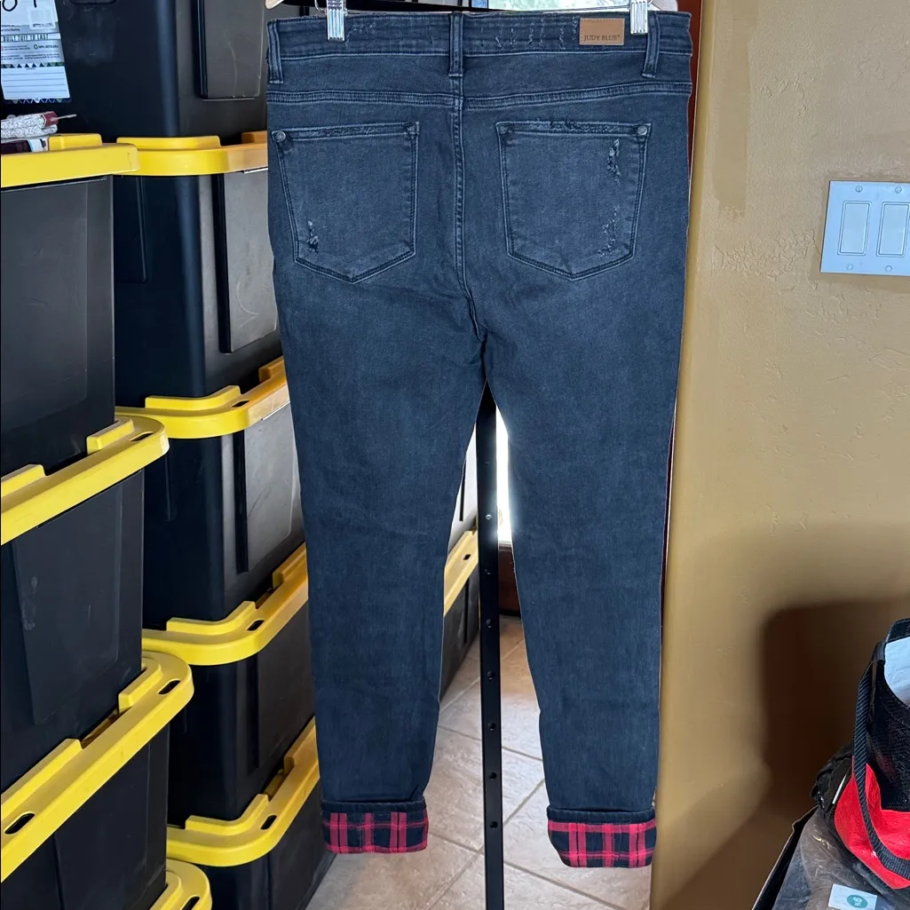 Judy Blue Black Destroyed Skinny Jeans Red Buffalo Plaid Patch Size 13/31 - Image 13
