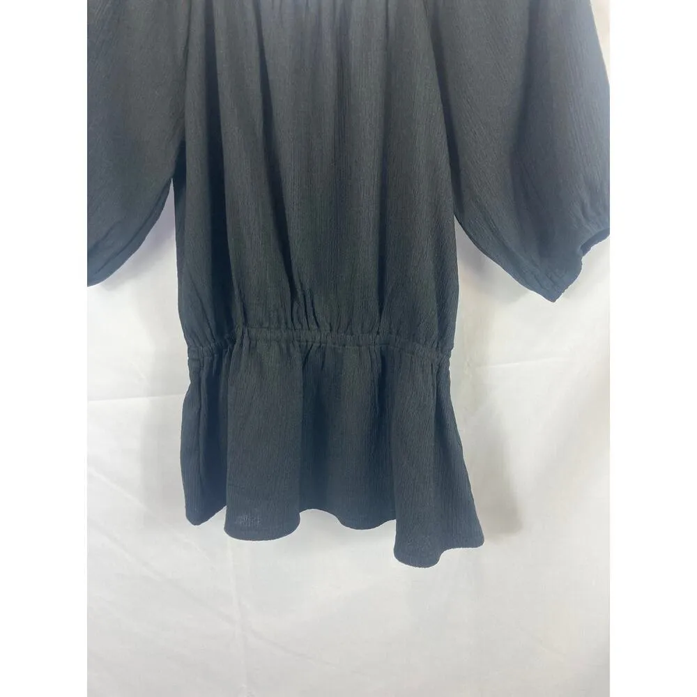 NWT Nine West Crinkle Texture Puff Sleeve Top Black Size XS - Image 2