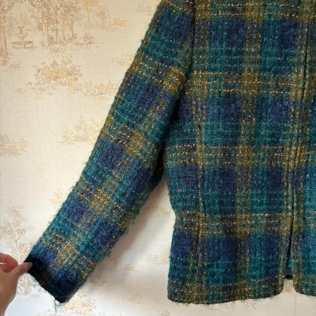 Vintage Jones New York green blue plaid angora wool mock neck cardigan jacket Size 12 - Image 3